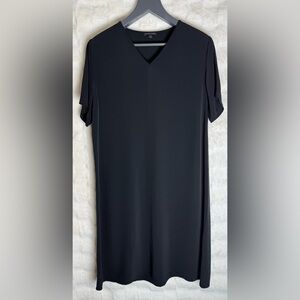 Eileen Fisher Black Stretch Tencel V Neck Shift Dress Minimalist Short Sleeve